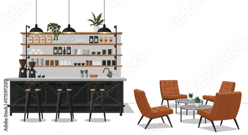 Modern Cafe Interior Design with Bar and Lounge Area, Clean Illustration