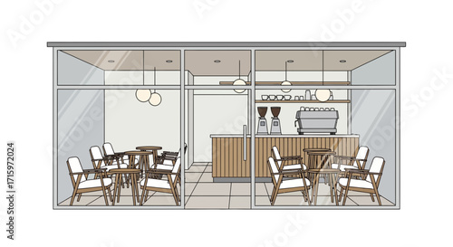 Modern coffee shop facade with minimalist furniture and glass windows design