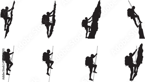 Silhouette of rock climber on cliff, extreme adventure sport, mountain climbing challenge, rope safety, outdoor exploration, fitness strength, climbing activity