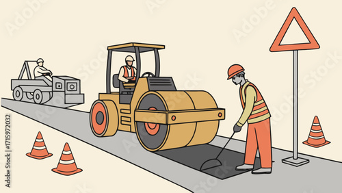 Road construction scene with workers steamroller and warning signs in a vector style illustration
