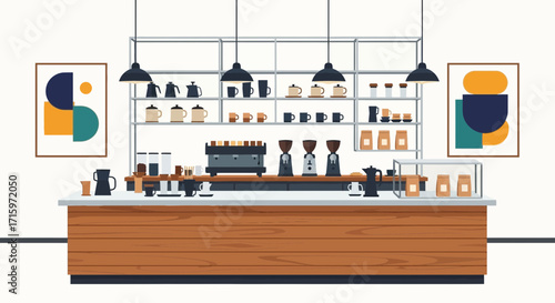 Modern coffee shop interior design with minimalist geometric artwork decor