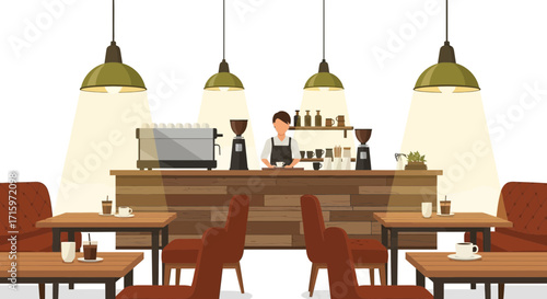 Modern coffee shop interior with barista and cozy seating arrangement