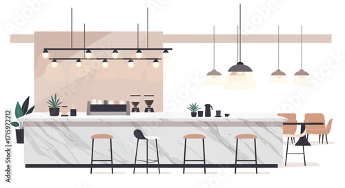 Modern minimalist cafe interior design with marble counter and stylish lighting