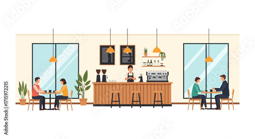 Modern coffee shop scene with patrons and barista interior illustration