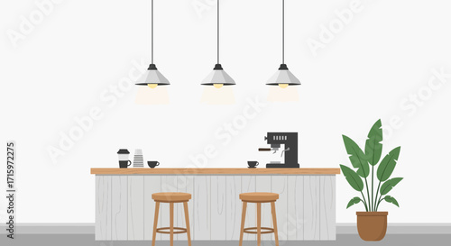 Modern minimalist coffee shop interior with tropical plant illustration