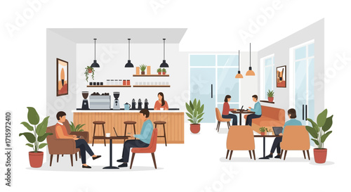 People working in a coffee shop with computers and modern interior