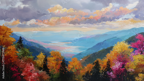 鮮やかな紅葉と透き通る空気感をアクリル絵の具で表現した秋の自然風景イラスト、感動的な景色と柔らかなタッチが魅力の抽象的構図、デザイン素材や壁紙にも適した芸術作品