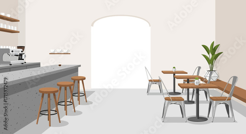 Serene coffee shop interior with minimalist design and stylish furniture