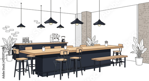 Serene interior illustration featuring a modern café or co-working space