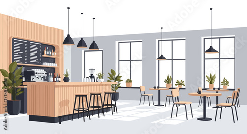Serene coffee shop interior with minimalist design and natural light