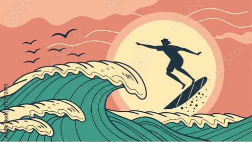 Silhouette of a surfer riding a wave with birds flying and the sun setting in the background at the beach