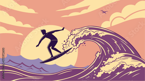Silhouette of a surfer riding a wave with a sun and clouds in the background at sunset time of the day