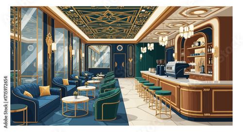 Sophisticated art deco coffee shop interior with lounge and counter seating