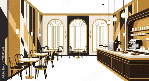 Sophisticated interior design showcases an elegant cafe or restaurant space