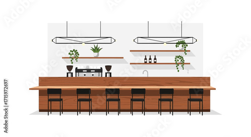 Sophisticated interior illustration of cafe with wooden bar and chairs