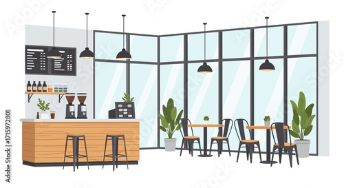 Stylish and modern café interior scene with natural light, plants