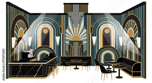 Stylish Art Deco Interior Design with Bar and Seating Area Illustration