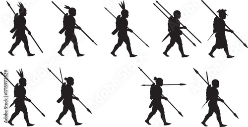 Silhouette tribal warriors walking with spears, primitive hunters, traditional culture, ancient lifestyle, indigenous people, survival journey, weapon combat, native tribe exploration, heritage