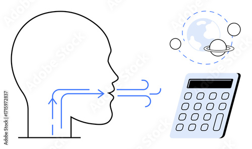 Human head outlines airflow during speech, calculator for computation, planetary orbits in space. Ideal for education, communication, technology, science, innovation analysis research. Simple flat