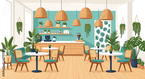 Stylish cafe interior adorned with lush greenery and unique light fixtures