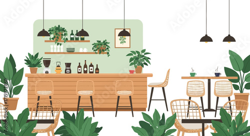 Stylish cafe interior design featuring plants, bar seating and dining tables
