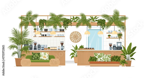 Stylish botanical coffee shop interior with tropical foliage design elements