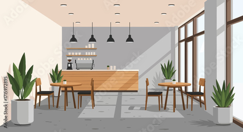 Stylish cafe interior illustration with plants and bright natural light