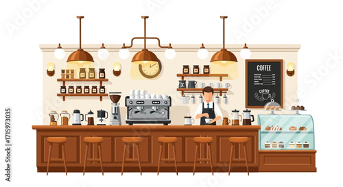 Stylish Coffee Shop Interior with barista preparing coffee, a perfect scene