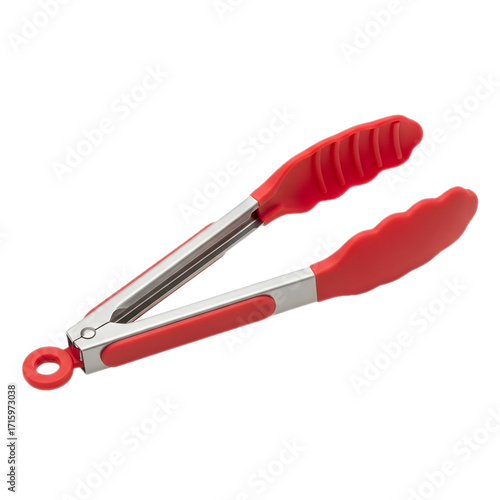 Red Silicone and Stainless Steel Kitchen Tongs Isolated on Transparent Background