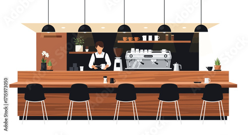 Stylish coffee shop interior with barista, espresso machine and counter seats