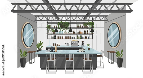Stylish Coffee Shop Interior with Modern Design and Natural Elements