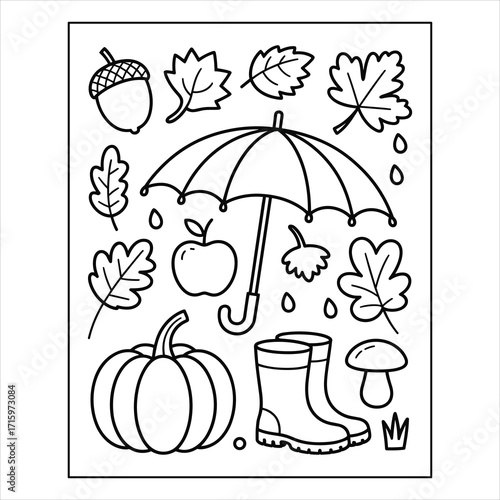 Autumn Fall Leaves and Pumpkin Coloring Page for Kids