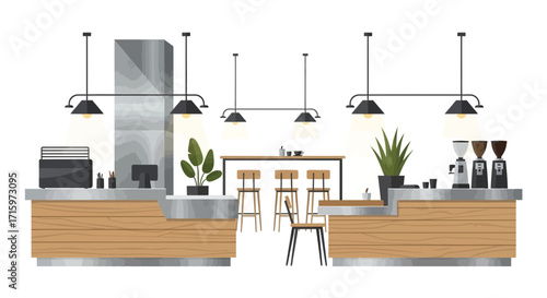 Stylish coffee shop interior with modern design elements and natural light