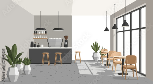Stylish modern coffee shop interior with seating and large windows view