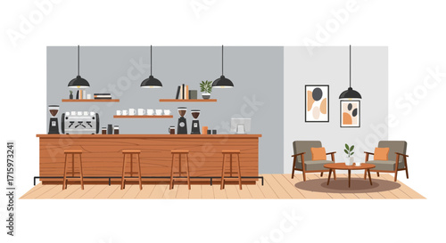 Stylish Modern Cafe Interior Illustration Featuring Bar and Lounge Area