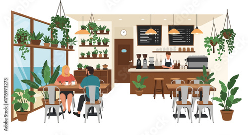 Stylish Urban Cafe Interior with Patrons, Barista, and Abundant Greenery