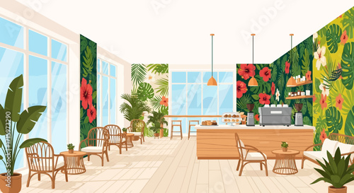 Stylish tropical café interior with vibrant flora and inviting atmosphere