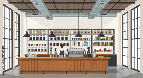 Stylized depiction of a modern coffee shop interior with a barista, shelves