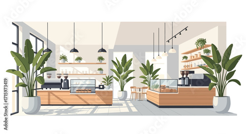 Stylized illustration of a bright and airy modern coffee shop interior
