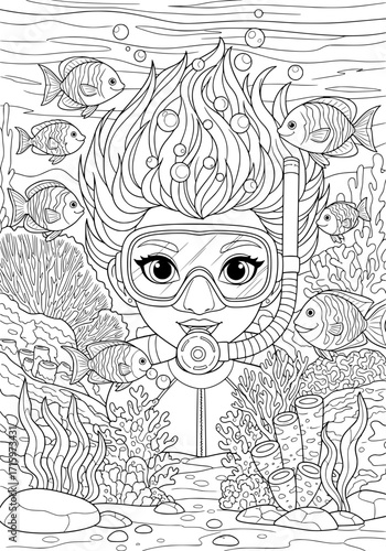 A girl diver at the bottom of the ocean. coloring book