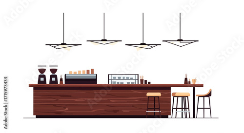 Stylized illustration of a coffee bar interior with modern lighting