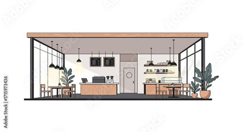Stylized illustration of a modern coffee shop interior with seating