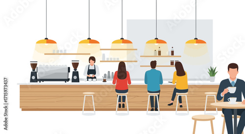 Stylized coffee shop scene with customers and barista in vector design