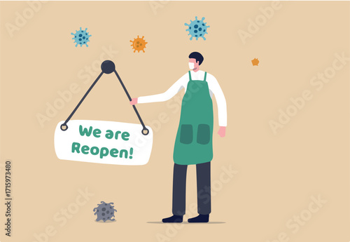 Company or entrepreneur reopen business after COVID-19 pandemic Coronavirus quarantine lockdown concept, shop owner man wearing face mask hanging store front Reopen sign with Coronavirus pathogen.