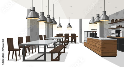 Stylized Interior of a Modern Cafe with Tables and Pendant Lights
