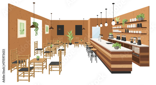 Trendy coffee shop illustration with minimalist decor and modern fixtures