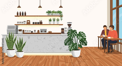 Trendy coffee shop interior design with customers and various plants