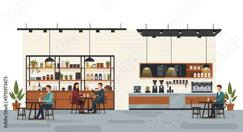 Trendy coffee shop interior scene with customers and barista station