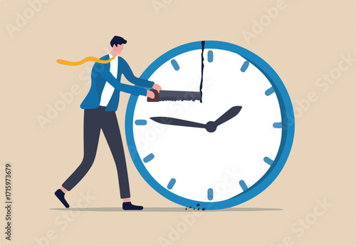 Time management, balance timeline for work and personal life or project management concept, businessman manager or office worker using saw to break the clock to manage time for projects deadline.