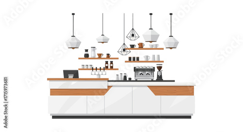 Trendy Coffee Shop Interior Illustration with Counter and Shelving Design